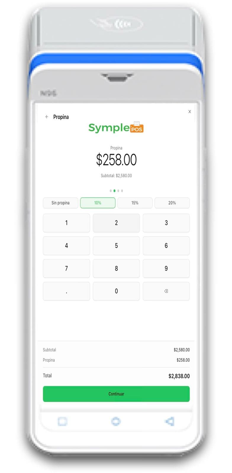 Terminal SymplePOS móvil con pantalla de propina