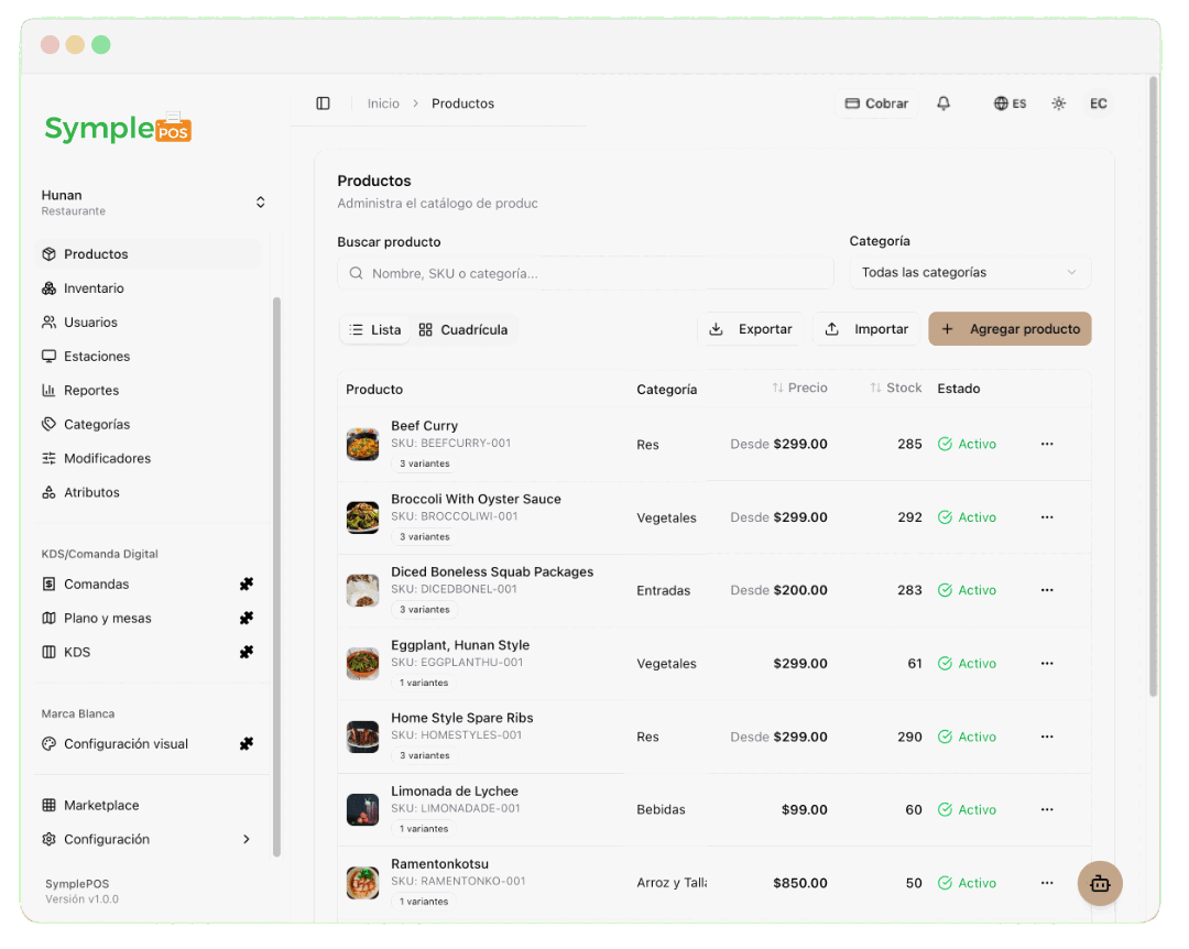 Catálogo de productos en SymplePOS